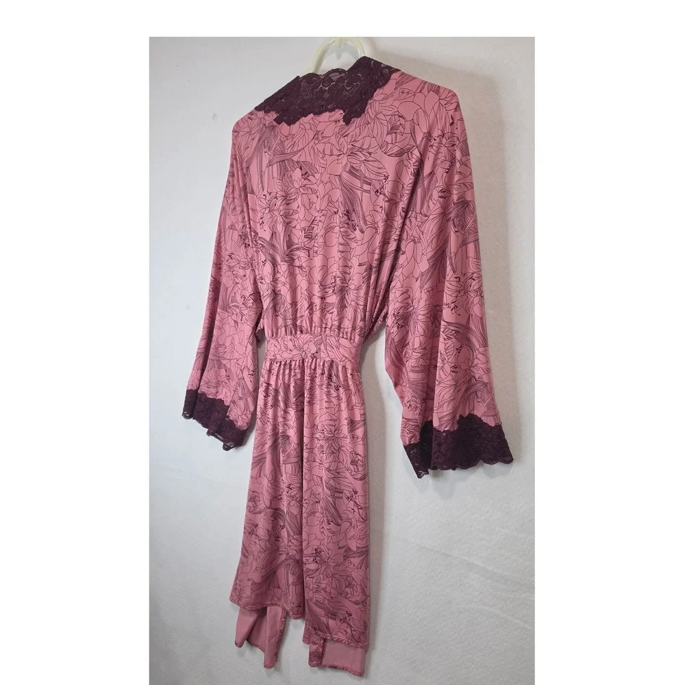 Soma Intimates Floral Lace Trim Wrap Robe Mauve Pink Burgundy XL Loungewear